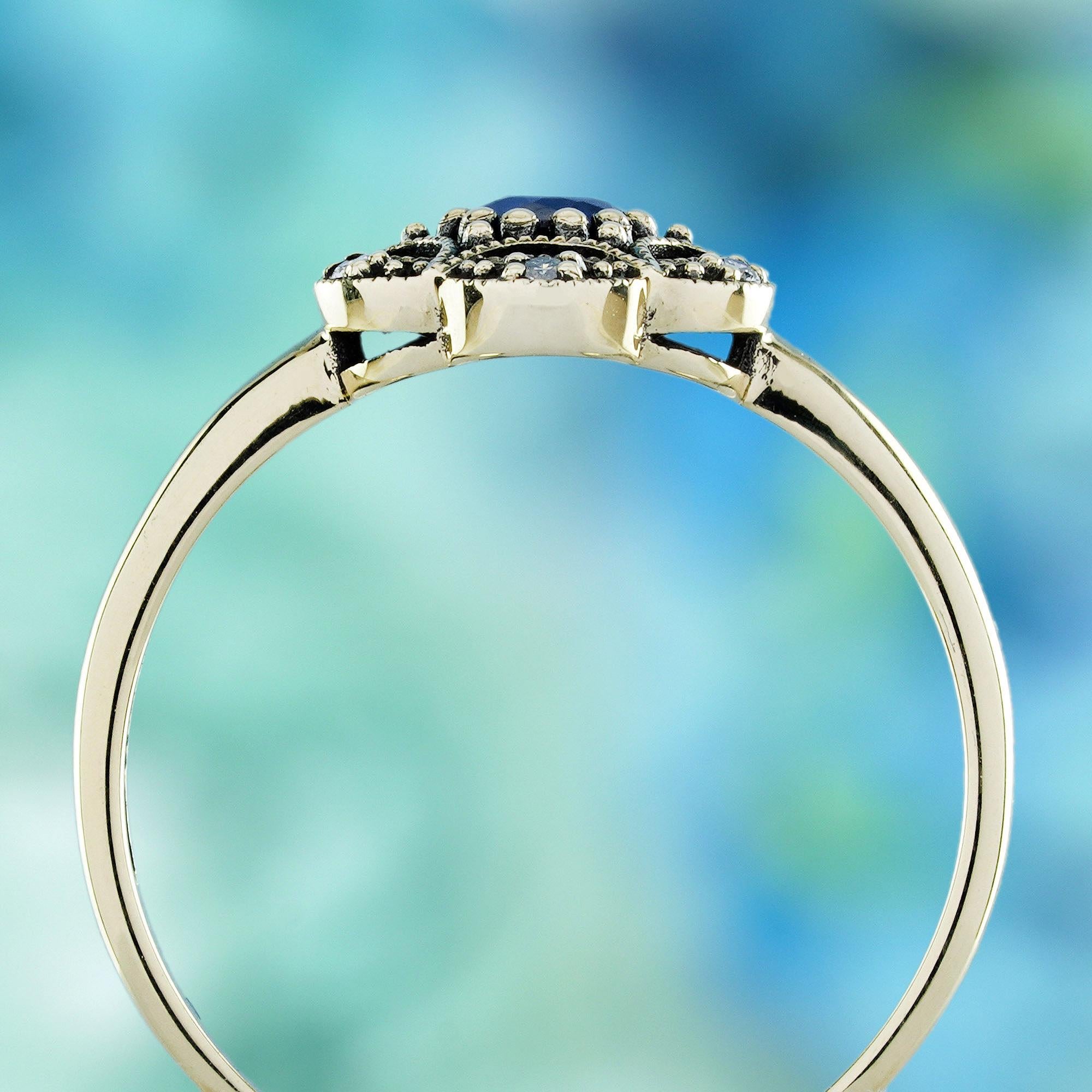 9K Gelbgold Blauer Saphir und Diamant Vintage Style Floral Ring im Zustand „Neu“ im Angebot in Bangkok, TH