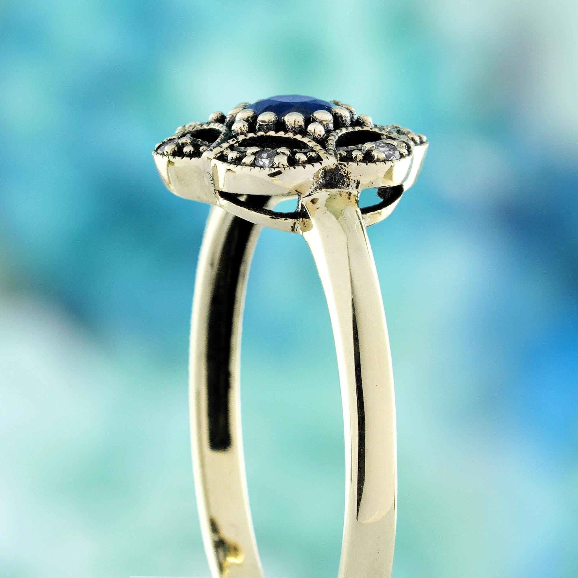 9K Gelbgold Blauer Saphir und Diamant Vintage Style Floral Ring Damen im Angebot