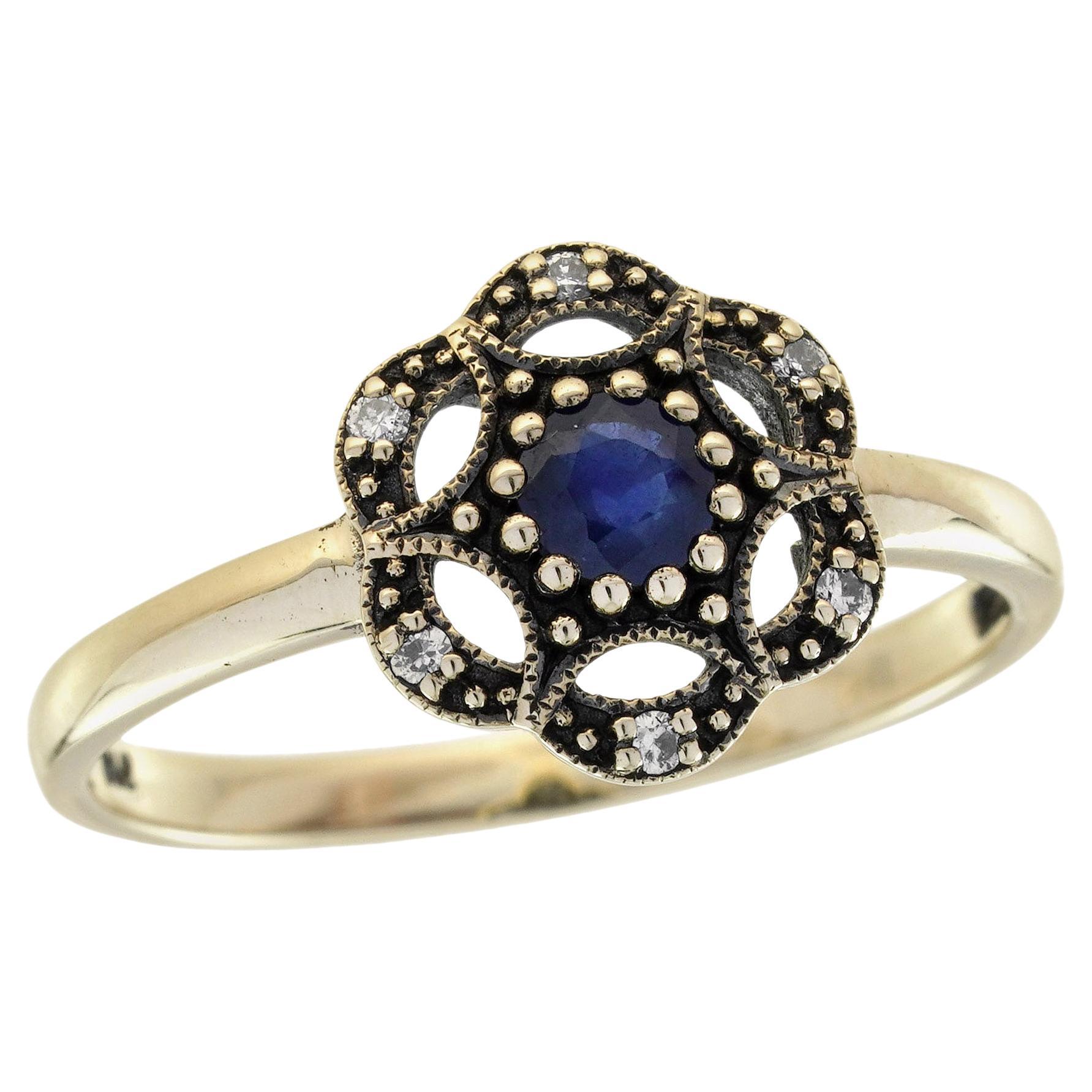 Anello floreale in oro giallo 9K con zaffiro blu e diamanti in stile vintage