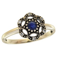 Bague florale de style vintage en or jaune 9K, saphir bleu et diamant