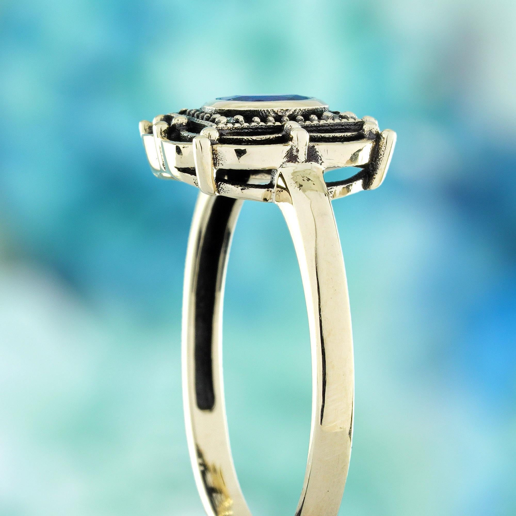 9K Gelbgold Blauer Saphir und Diamant Vintage Style Ring Damen im Angebot