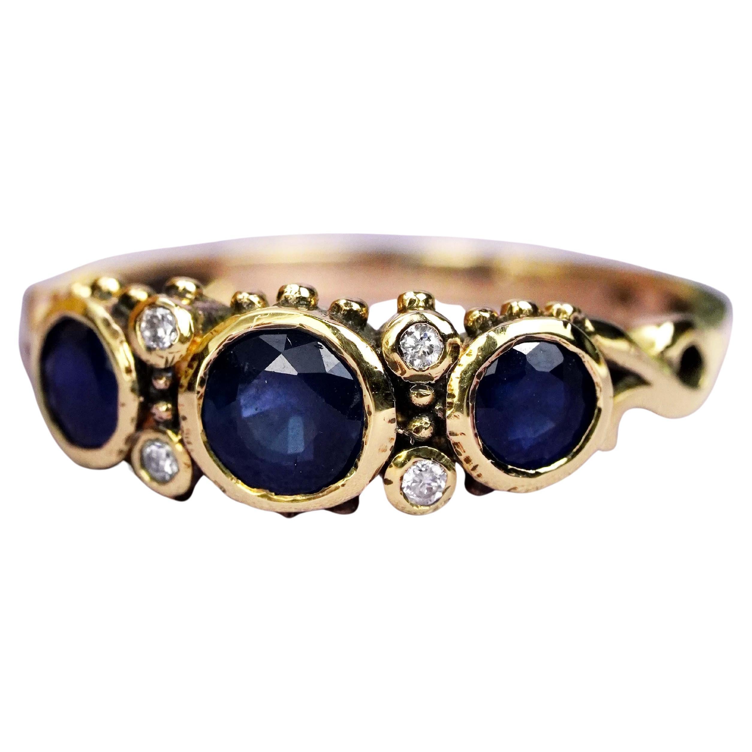 Bague à trois pierres en or jaune 9K, saphir bleu et diamant, style vintage