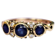 Bague à trois pierres en or jaune 9K, saphir bleu et diamant, style vintage