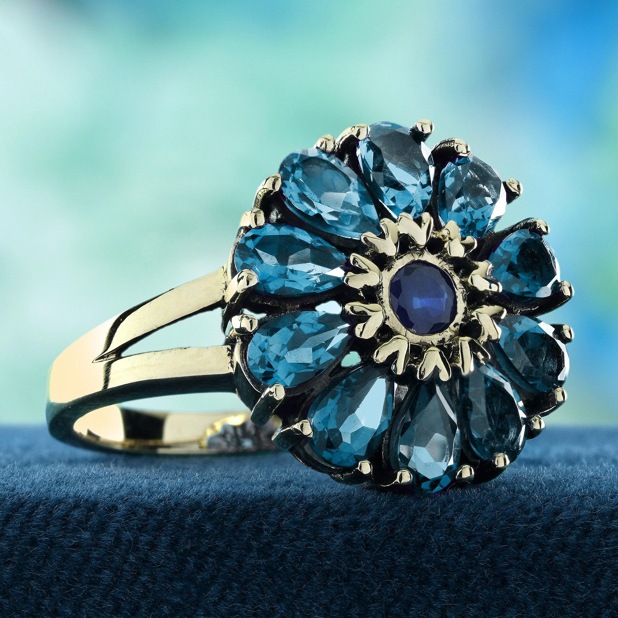 9K Gelbgold Blauer Saphir London Blauer Topas Vintage Style Cluster Ring (Edwardian) im Angebot