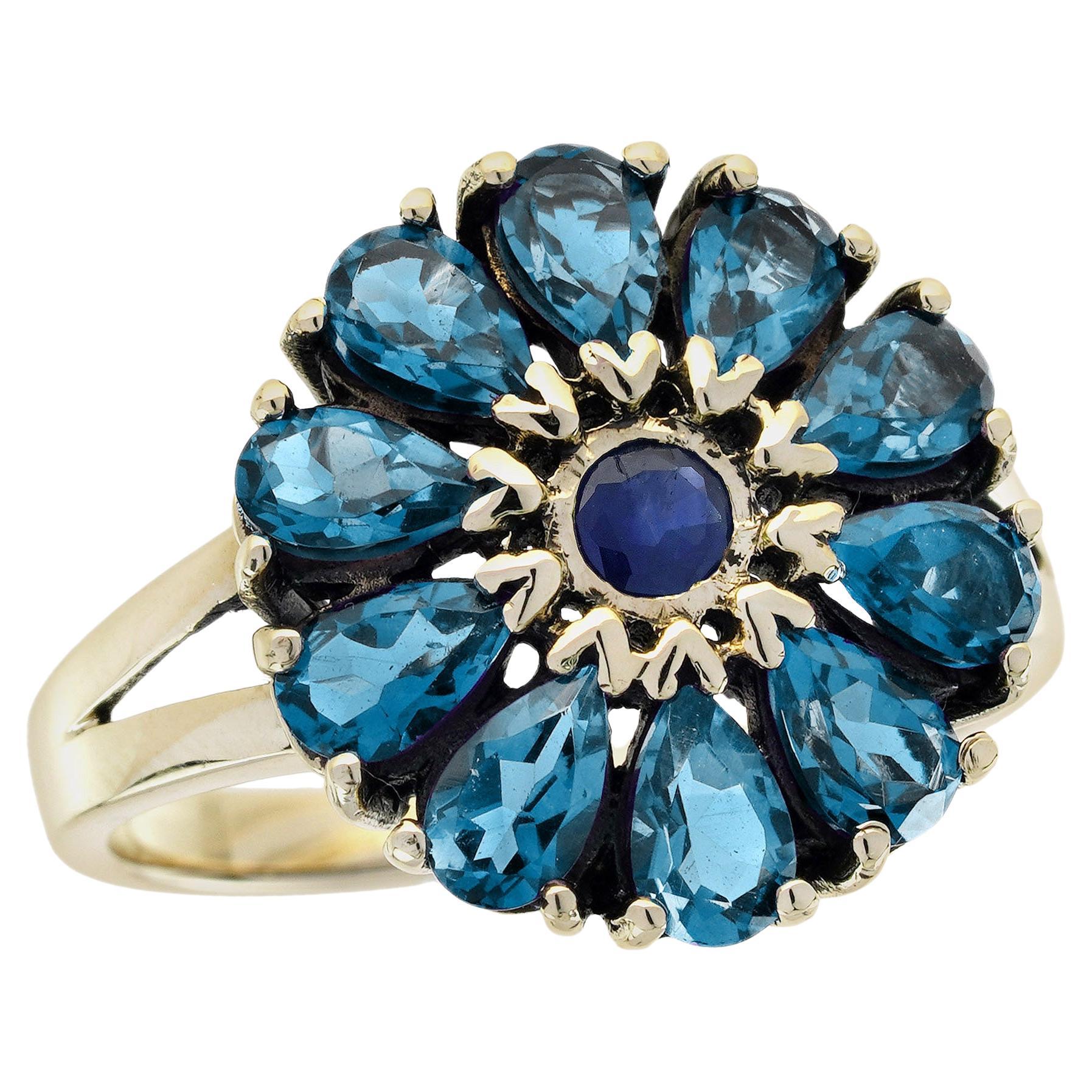 Bague en or jaune 9K, saphir bleu, topaze bleue de Londres, style vintage