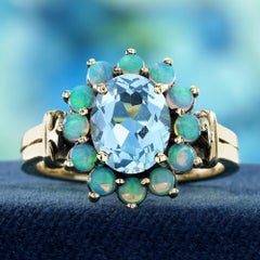 9K Yellow Gold Blue Topaz and Opal Vintage Style Cluster Ring