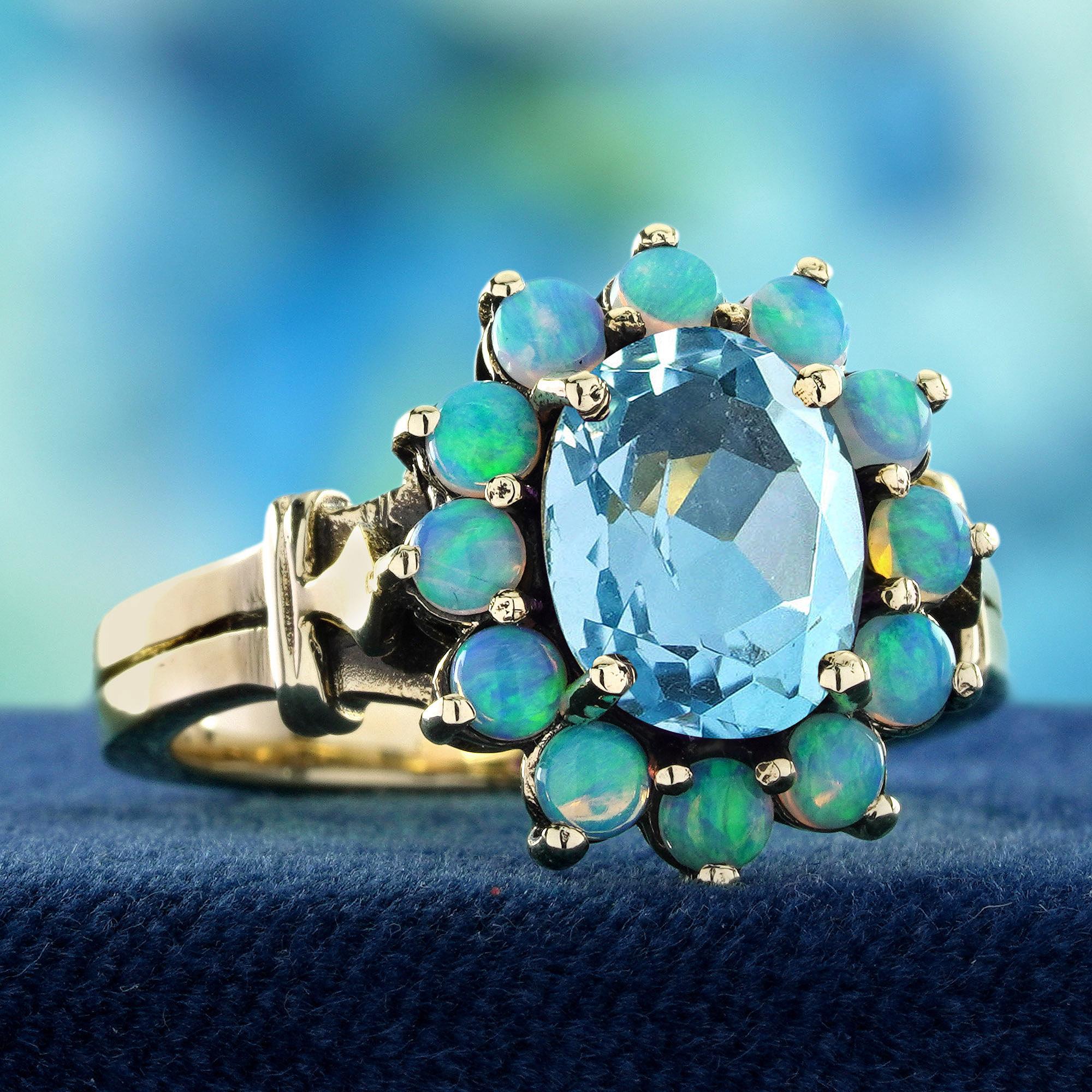 9K Gelbgold Blauer Topas und Opal Vintage Style Cluster Ring (Edwardian) im Angebot