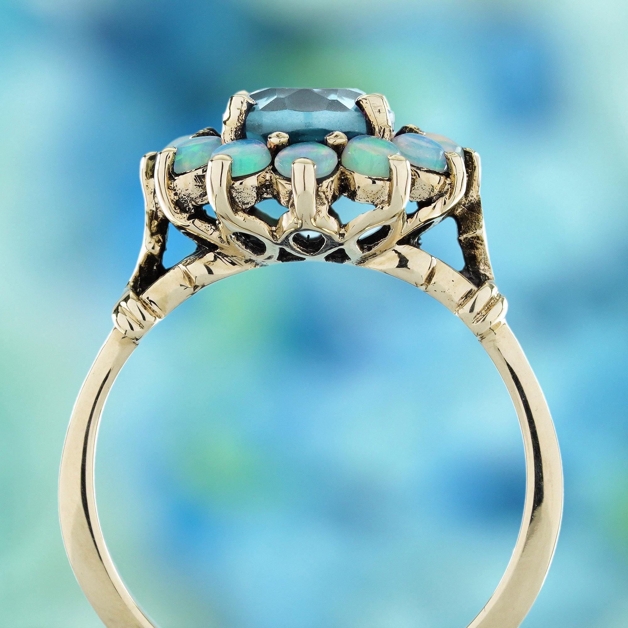 9K Gelbgold Blauer Topas und Opal Vintage Style Cluster Ring im Zustand „Neu“ im Angebot in Bangkok, TH