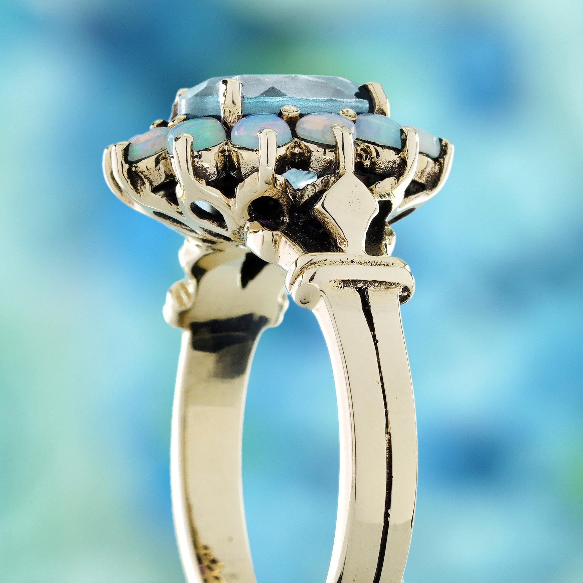 9K Gelbgold Blauer Topas und Opal Vintage Style Cluster Ring Damen im Angebot