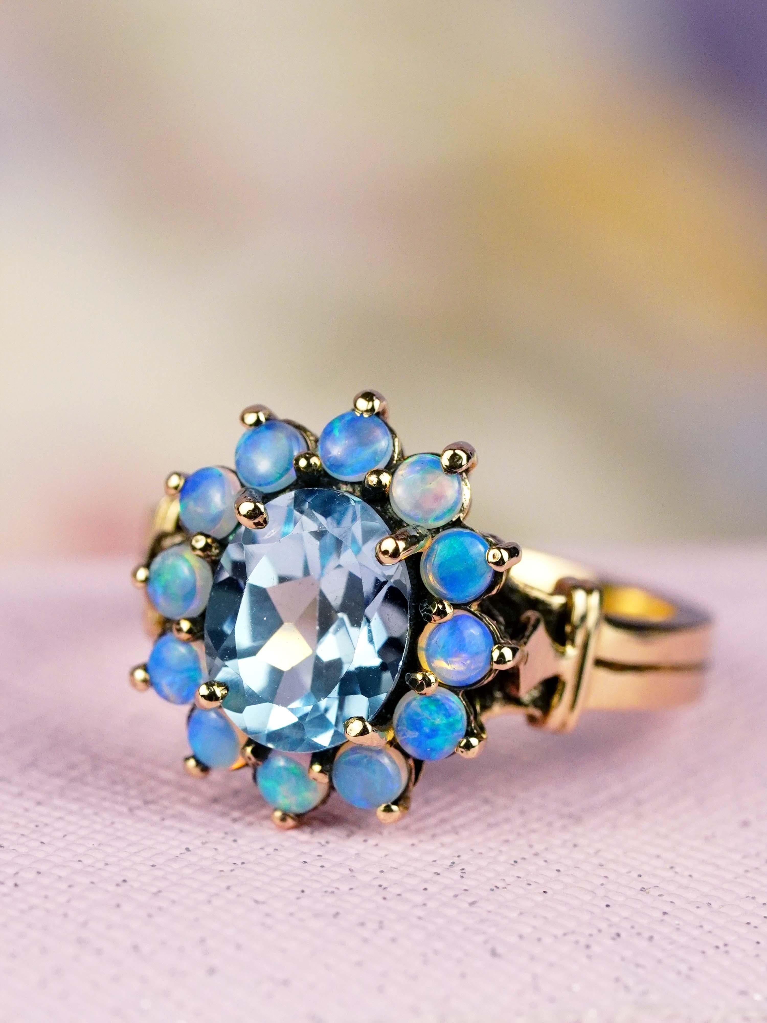 9K Gelbgold Blauer Topas und Opal Vintage Style Cluster Ring im Angebot 2