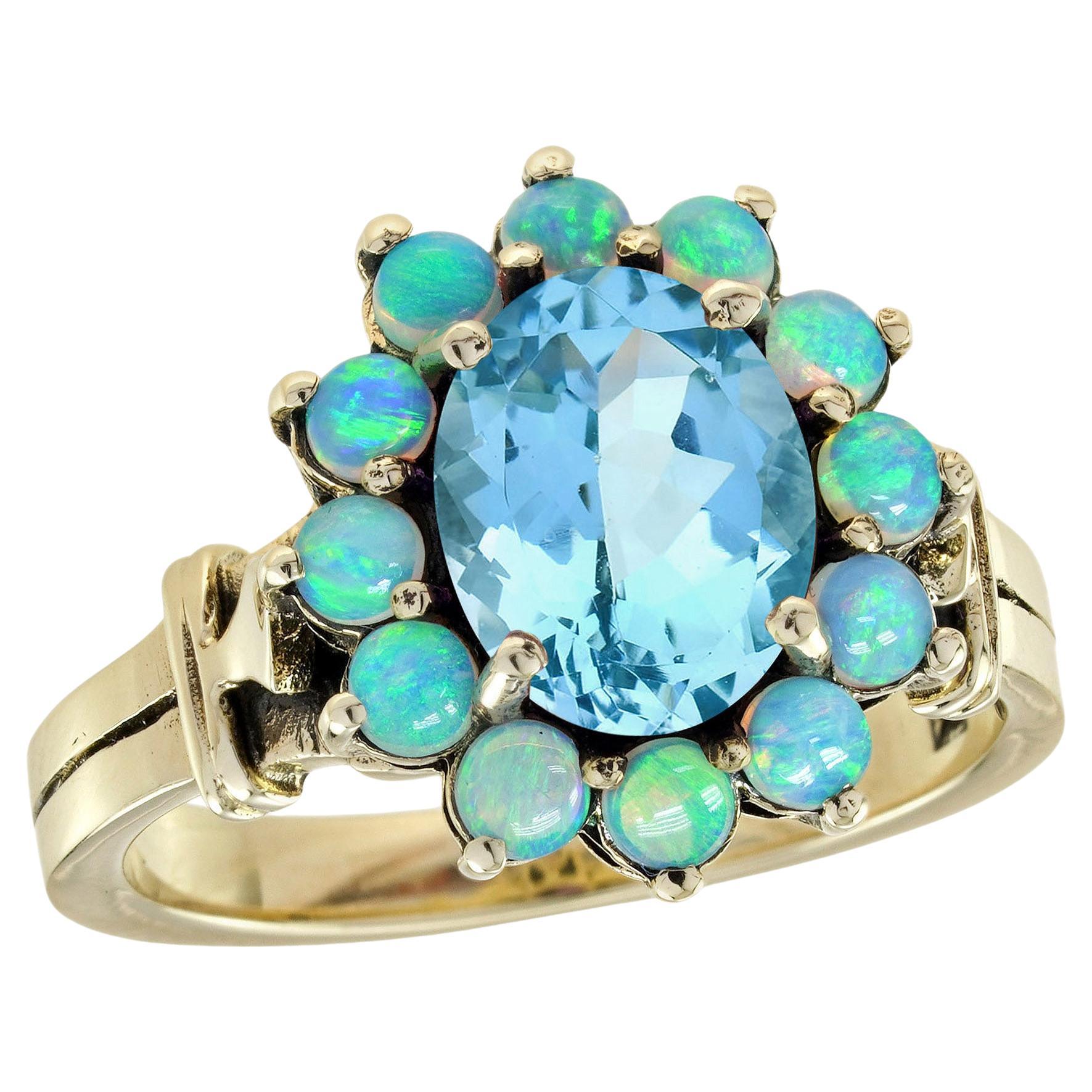 9K Gelbgold Blauer Topas und Opal Vintage Style Cluster Ring