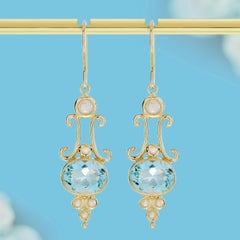 9K Yellow Gold Blue Topaz and Pearl Victorian Style Drop Earrings