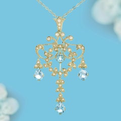 9K Yellow Gold Blue Topaz and Pearl Vintage Style Chandelier Pendant