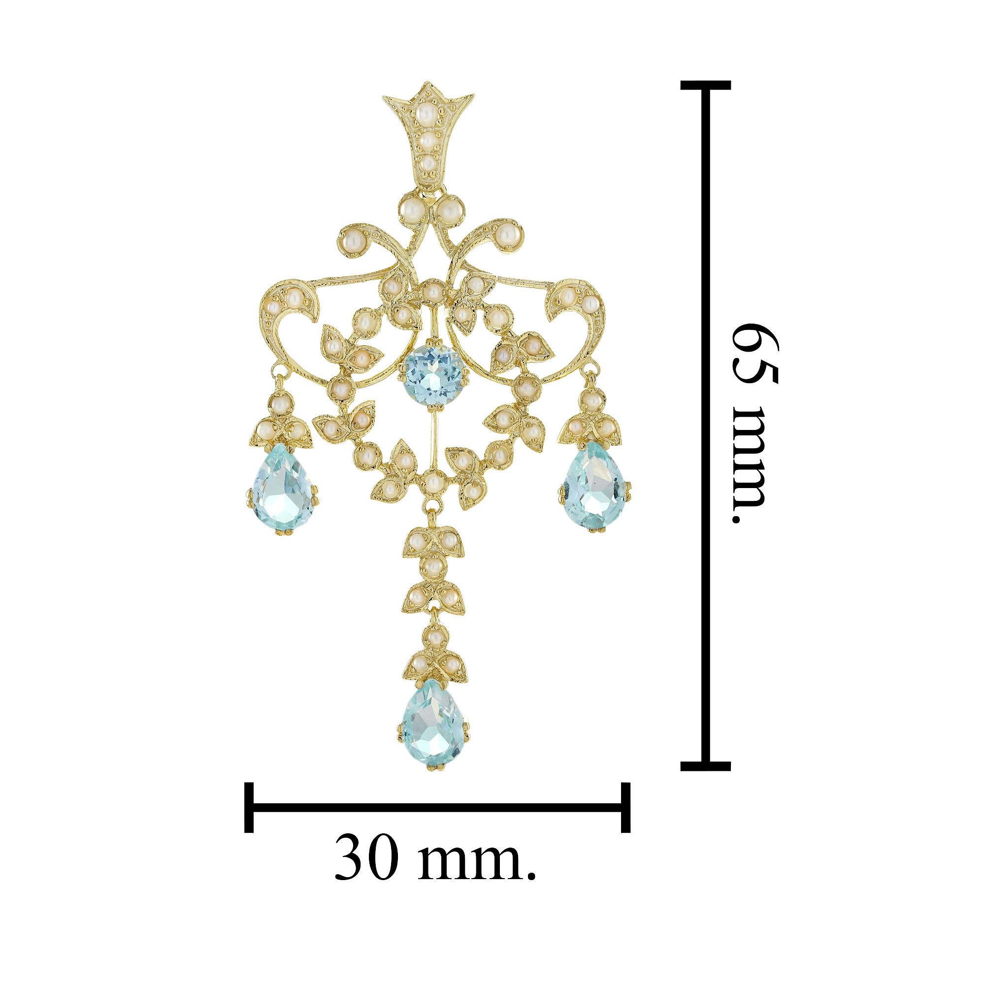 Pendentif chandelier en or jaune 9K avec topaze bleue et perle de style vintage Neuf - En vente à Bangkok, TH