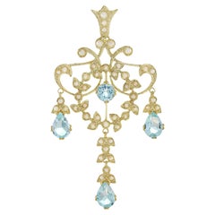Pendentif chandelier en or jaune 9K avec topaze bleue et perle de style vintage
