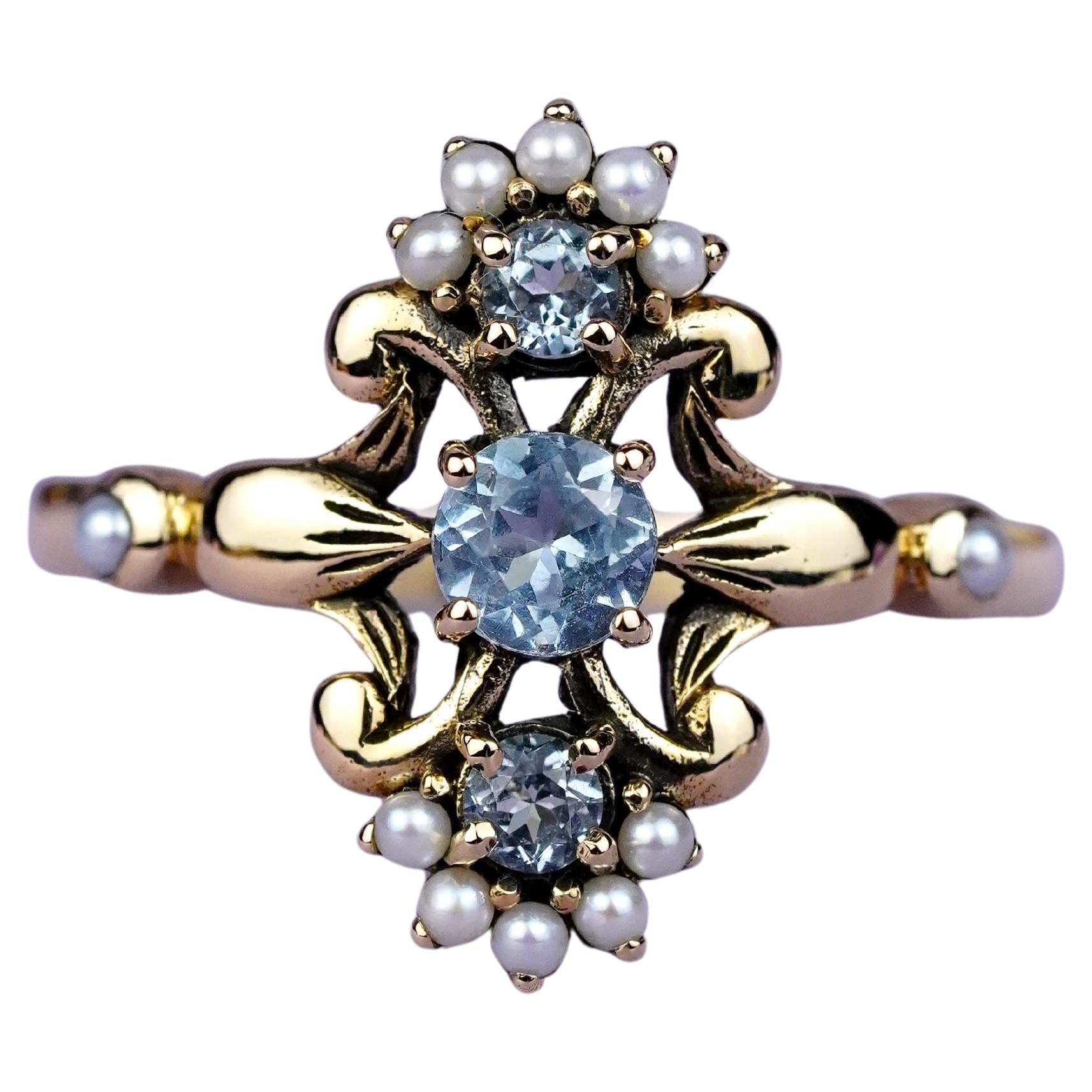 Anello a tre pietre in oro giallo 9K con topazio blu e perle in stile vintage A. Stone