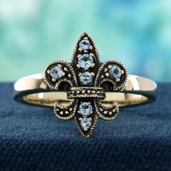 9K Yellow Gold Blue Topaz Vintage Style Fleur De Lis Ring