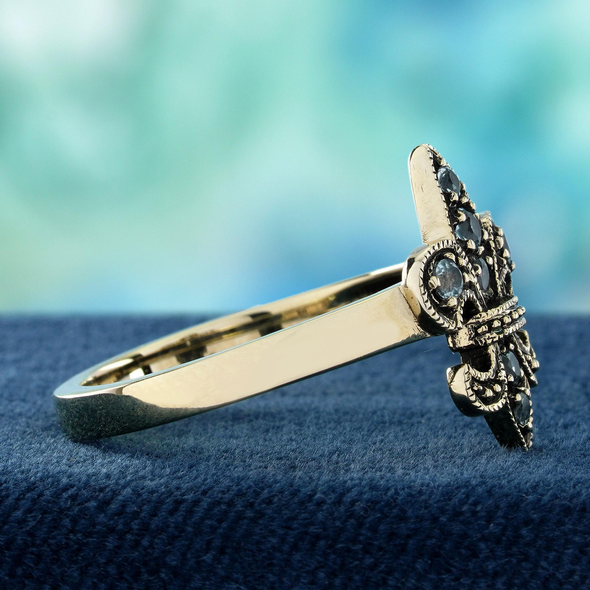 Round Cut 9K Yellow Gold Blue Topaz Vintage Style Fleur De Lis Ring For Sale