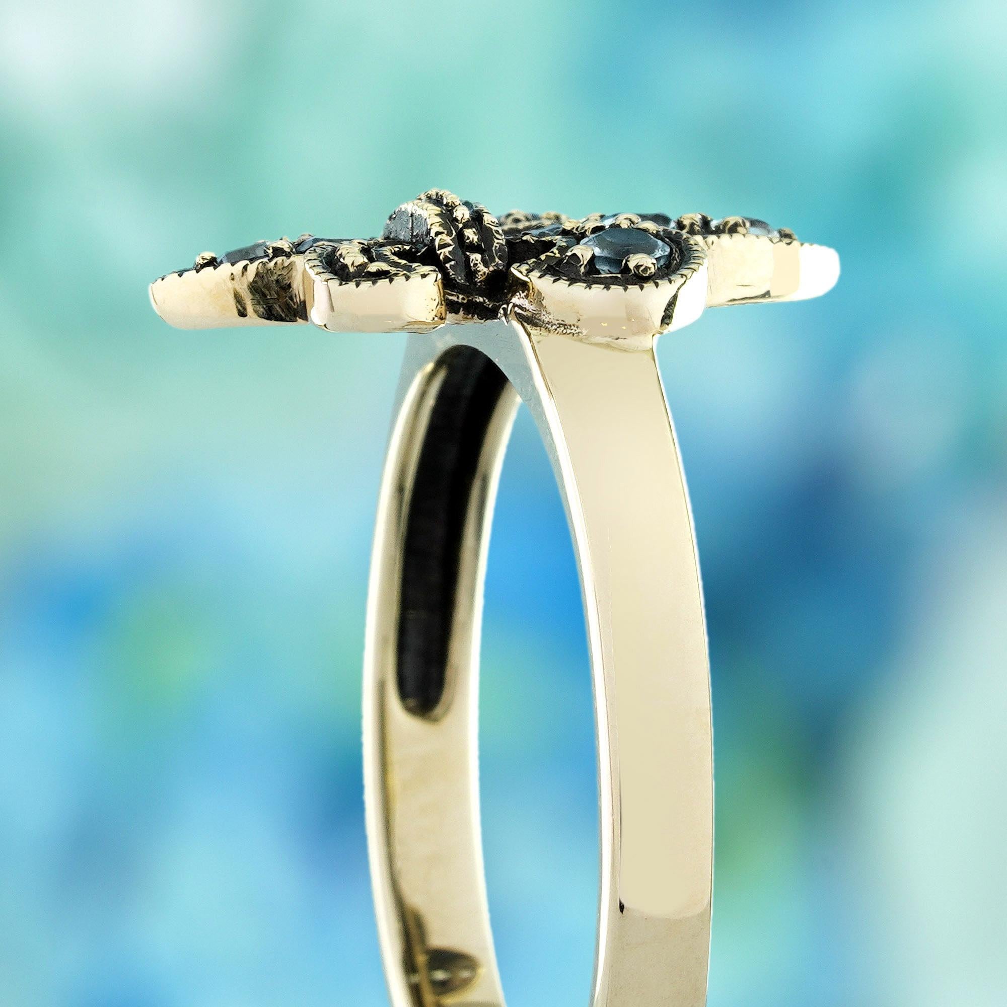 Women's 9K Yellow Gold Blue Topaz Vintage Style Fleur De Lis Ring For Sale