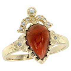 9K Yellow Gold Cabochon Garnet Pearl and Diamond Vintage Style Ring