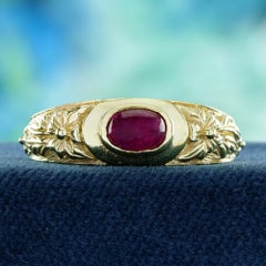 9K Yellow Gold Cabochon Ruby Vintage Style Floral Motif Band Ring