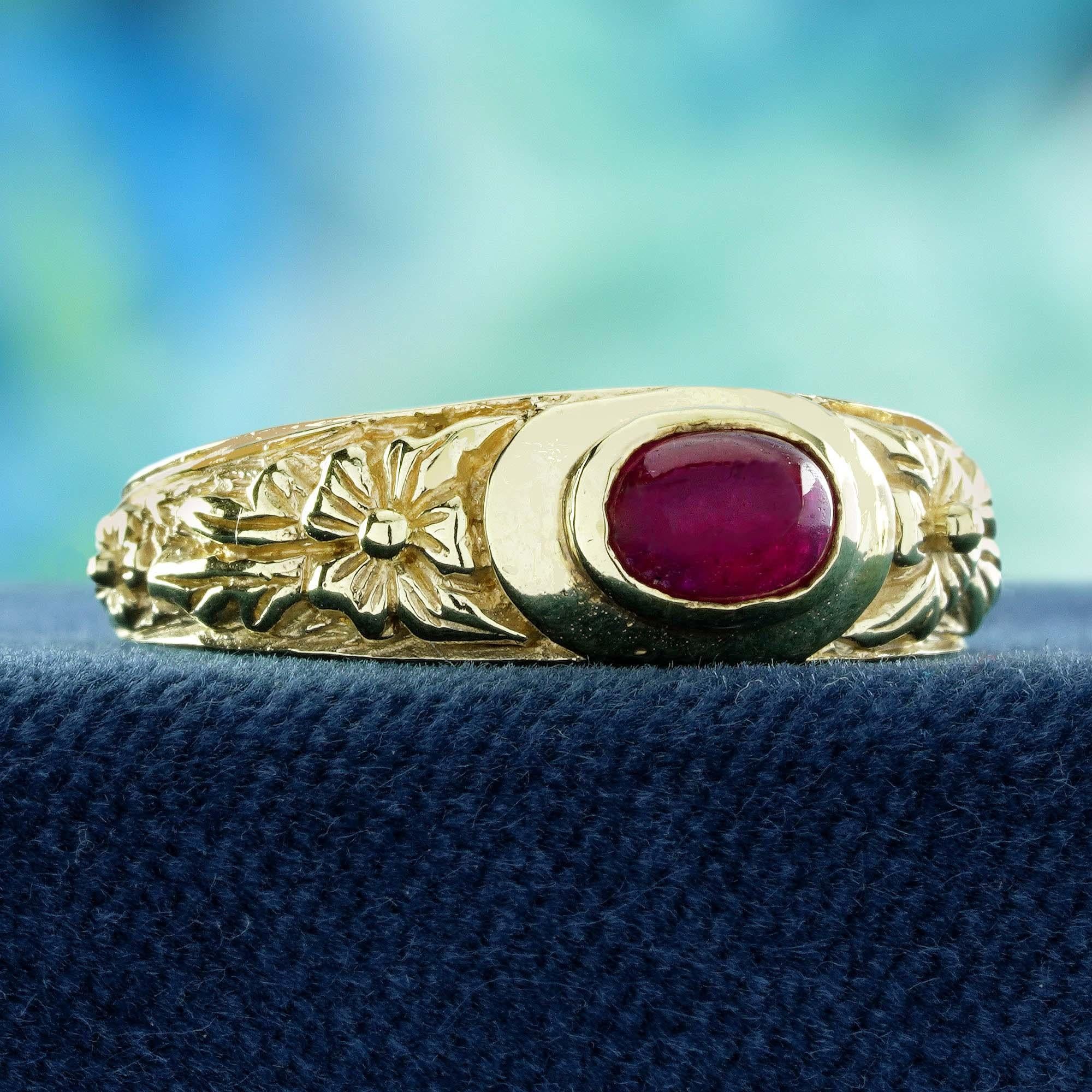 Edwardian 9K Yellow Gold Cabochon Ruby Vintage Style Floral Motif Band Ring For Sale
