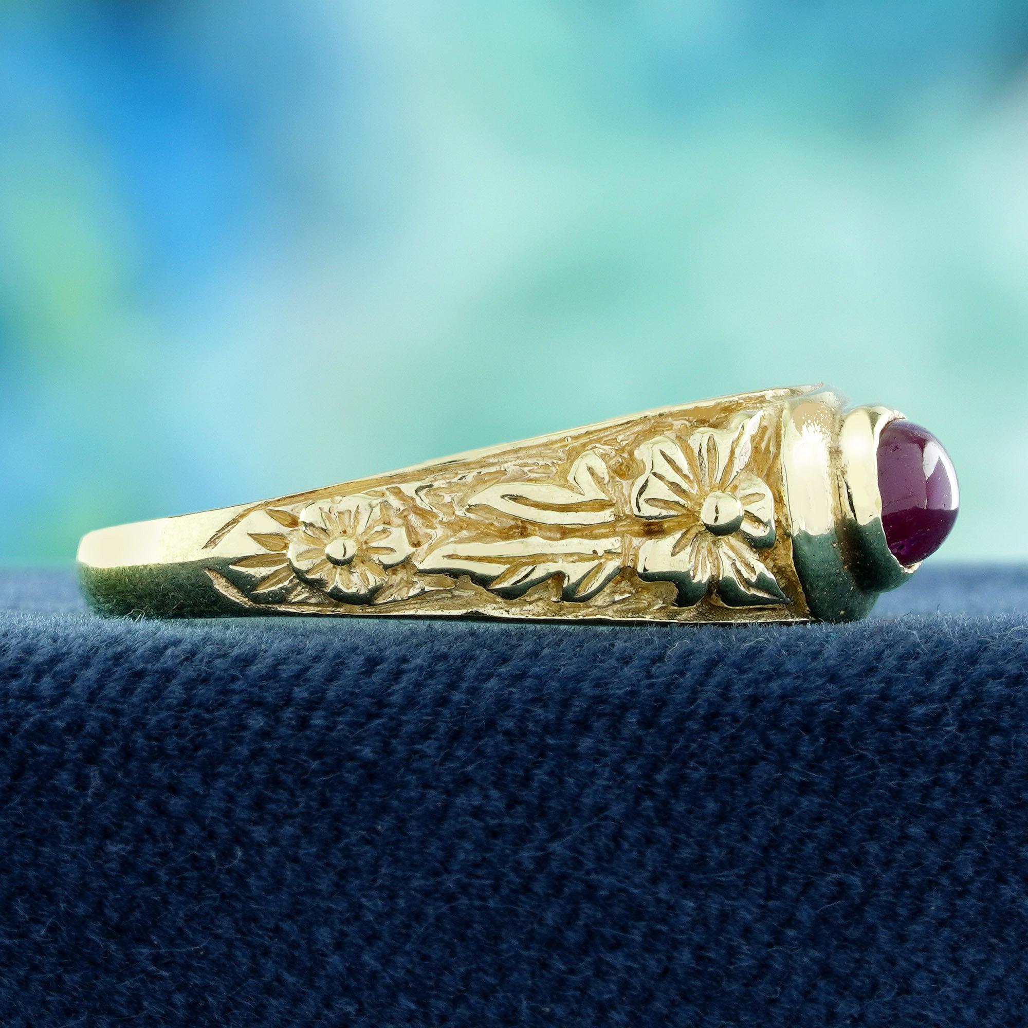 Oval Cut 9K Yellow Gold Cabochon Ruby Vintage Style Floral Motif Band Ring For Sale