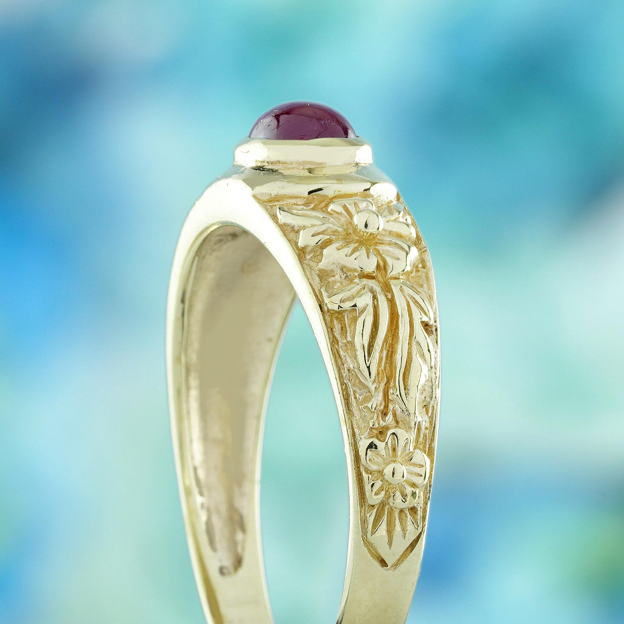 Women's 9K Yellow Gold Cabochon Ruby Vintage Style Floral Motif Band Ring For Sale