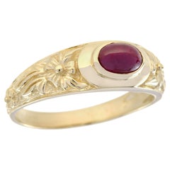 9K Yellow Gold Cabochon Ruby Vintage Style Floral Motif Band Ring