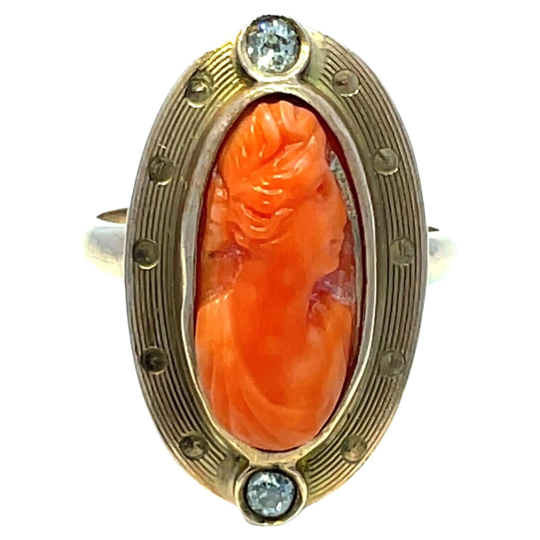 9k Yellow Gold Cameo Antique Ring with Old Euro Cut Diamonds