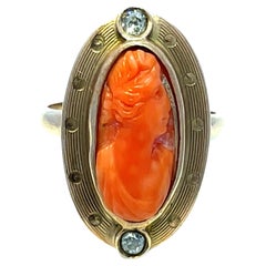 9k Yellow Gold Cameo Antique Ring with Old Euro Cut Diamonds