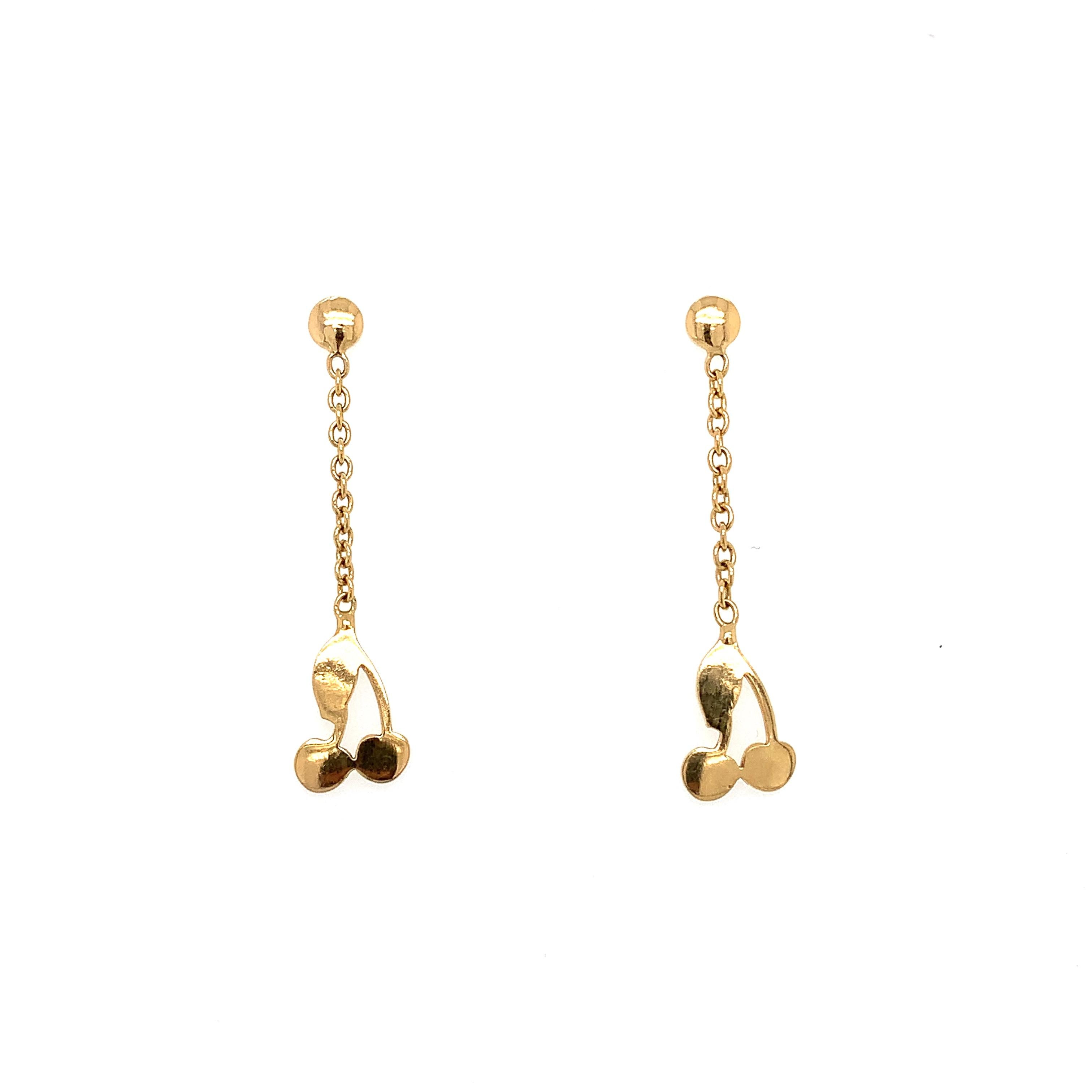 Modern 9k Yellow gold cherry drop dangle earrings For Sale