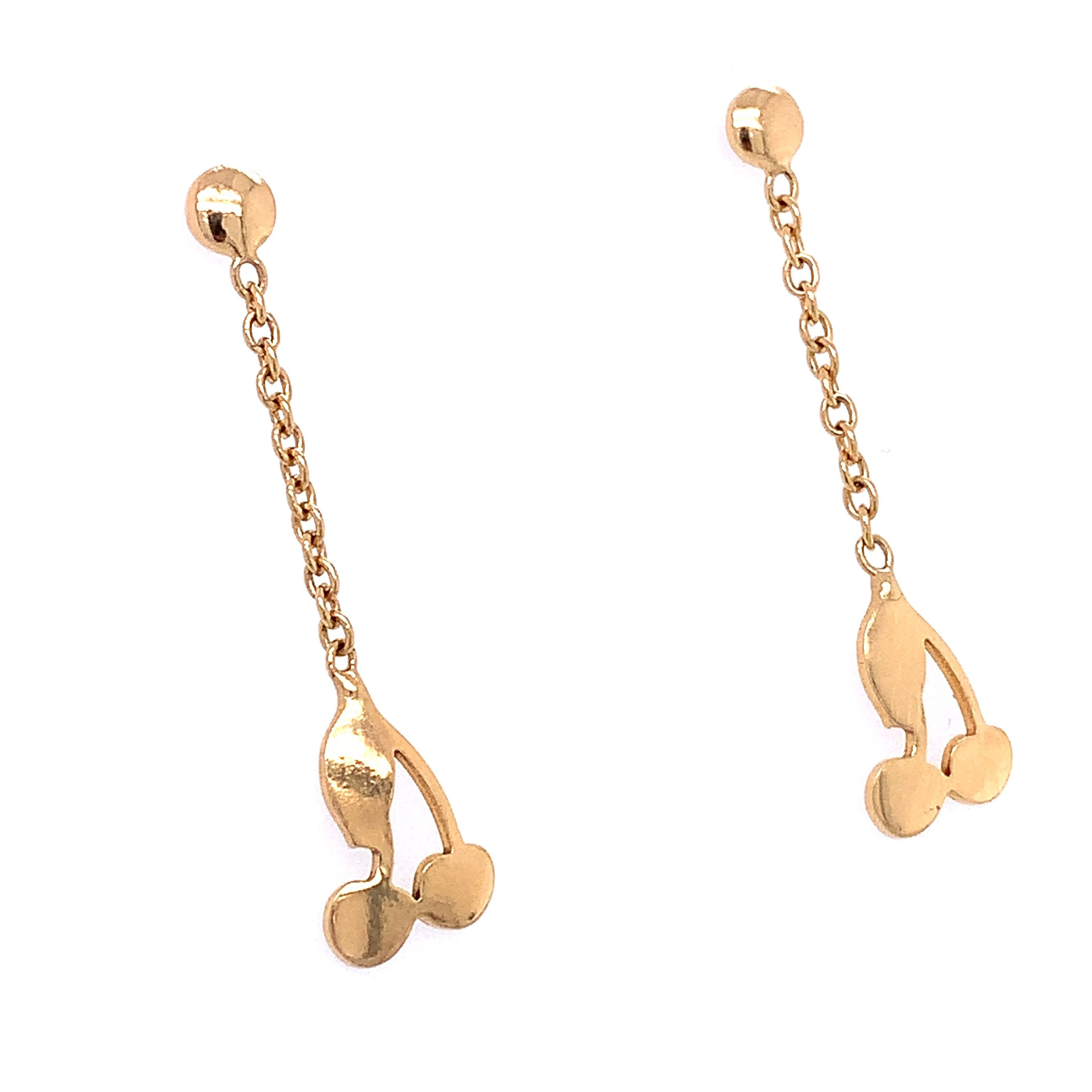 Women's 9k Yellow gold cherry drop dangle earrings For Sale