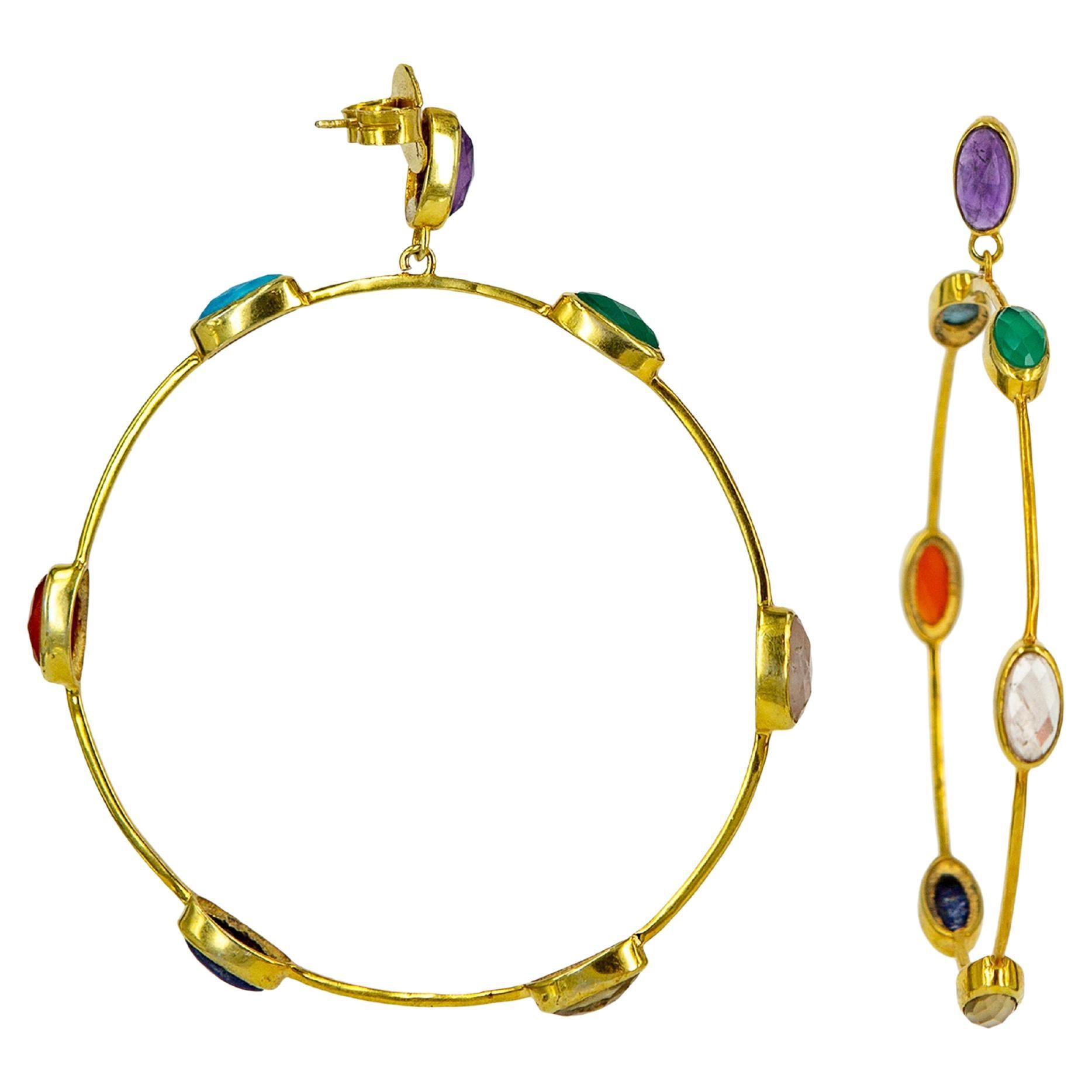 9K Yellow Gold Colour Gemstones Statement Hoop Earrings