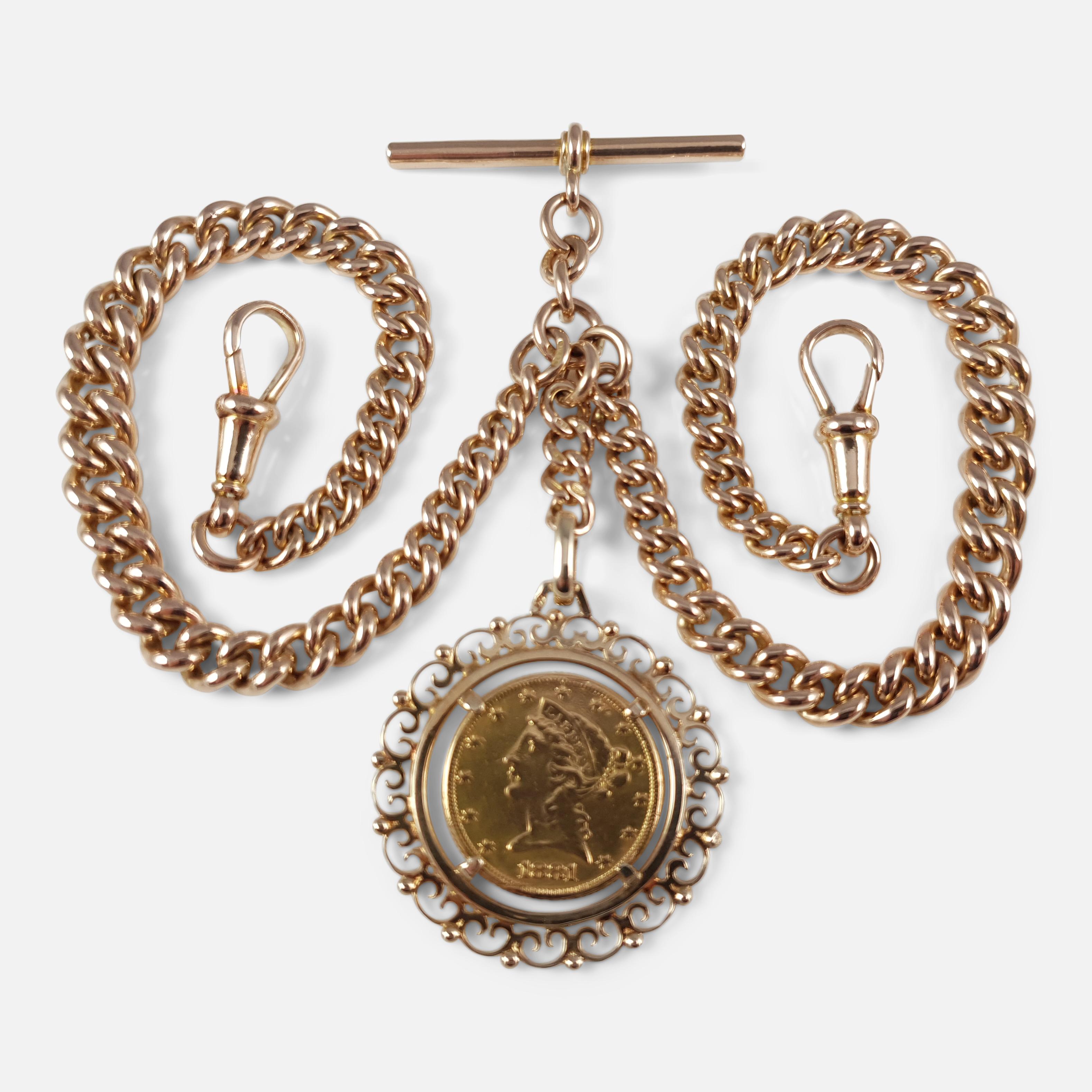 9 Karat Yellow Gold Double Albert Watch Chain and 1881 $5 Gold Coin, 70.6 Grams 6