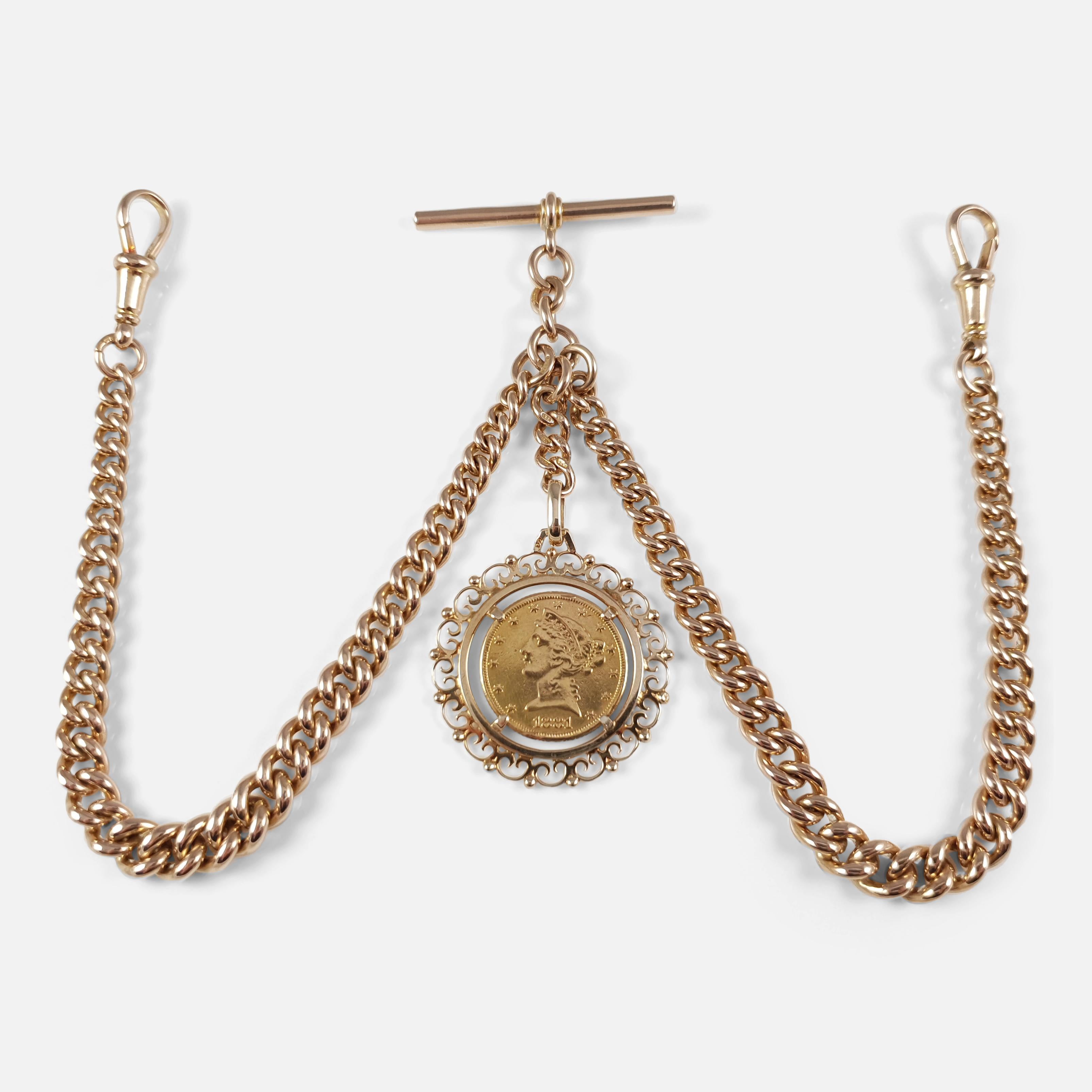 A 9 carat yellow gold curb link albert watch chain, and T-bar, with 1881 five dollar gold coin in a 9k gold mount. This watch chain may be worn with a pocket watch, or may also be worn as a necklace, if so desired. The chain is hallmarked with