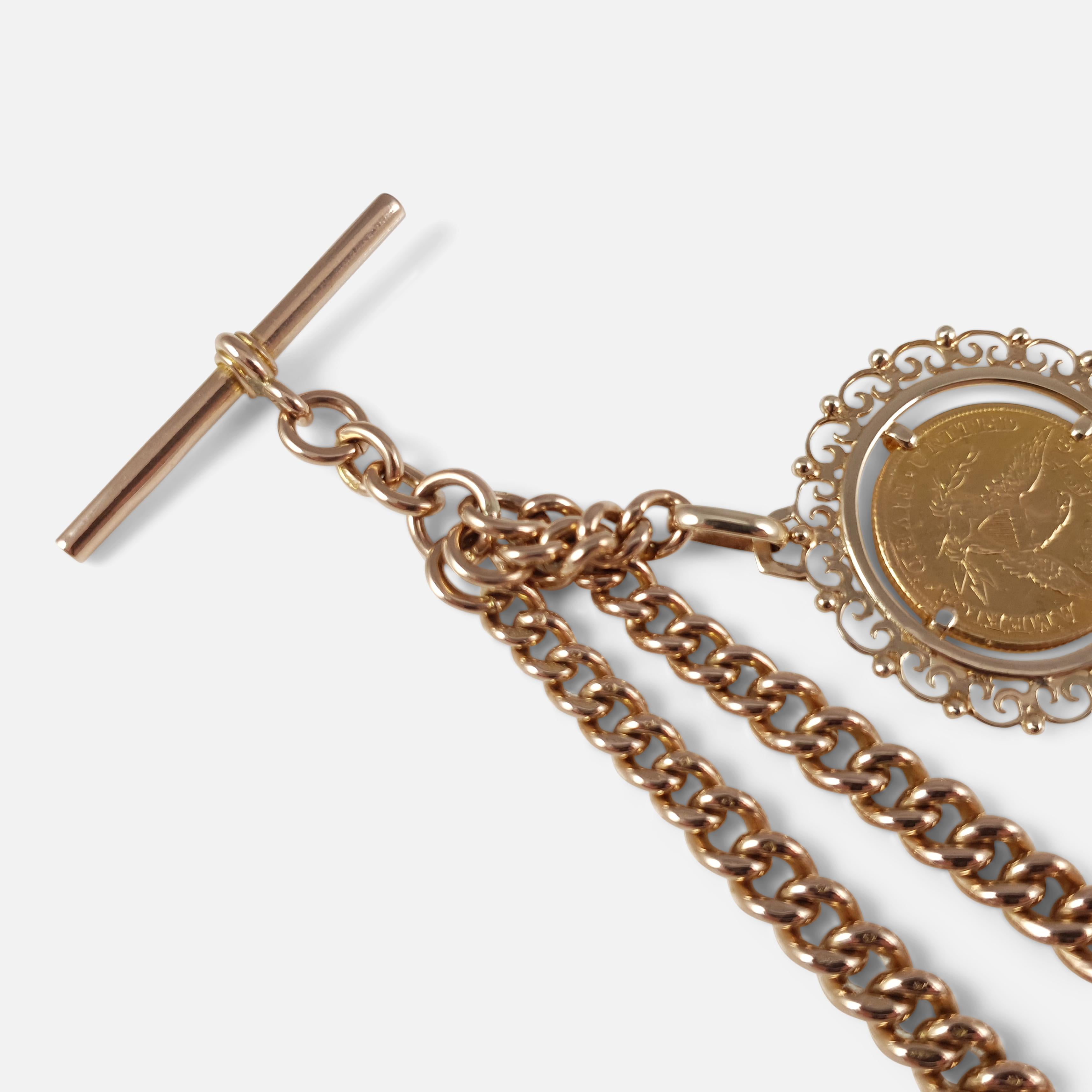 Women's or Men's 9 Karat Yellow Gold Double Albert Watch Chain and 1881 $5 Gold Coin, 70.6 Grams