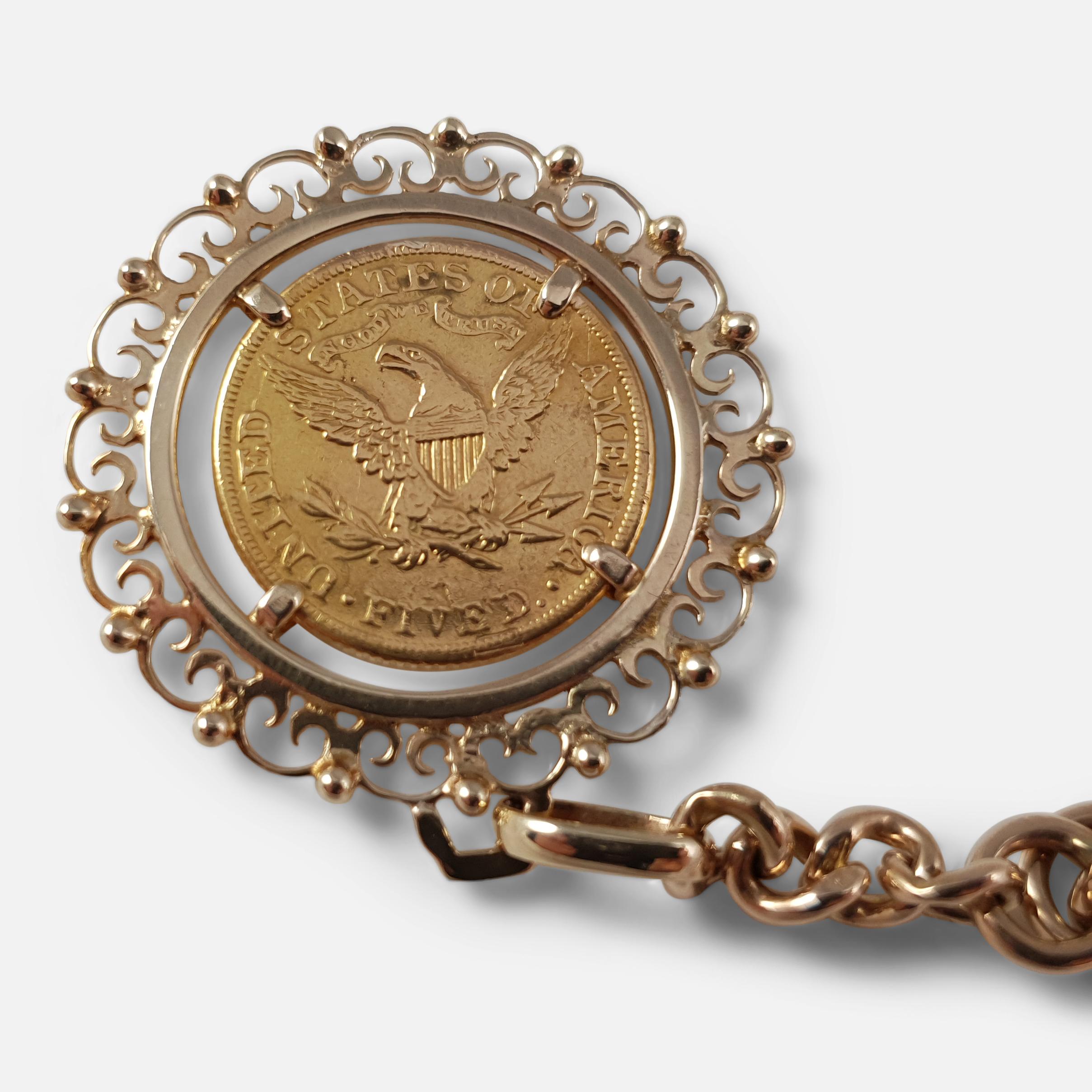 9 Karat Yellow Gold Double Albert Watch Chain and 1881 $5 Gold Coin, 70.6 Grams 1