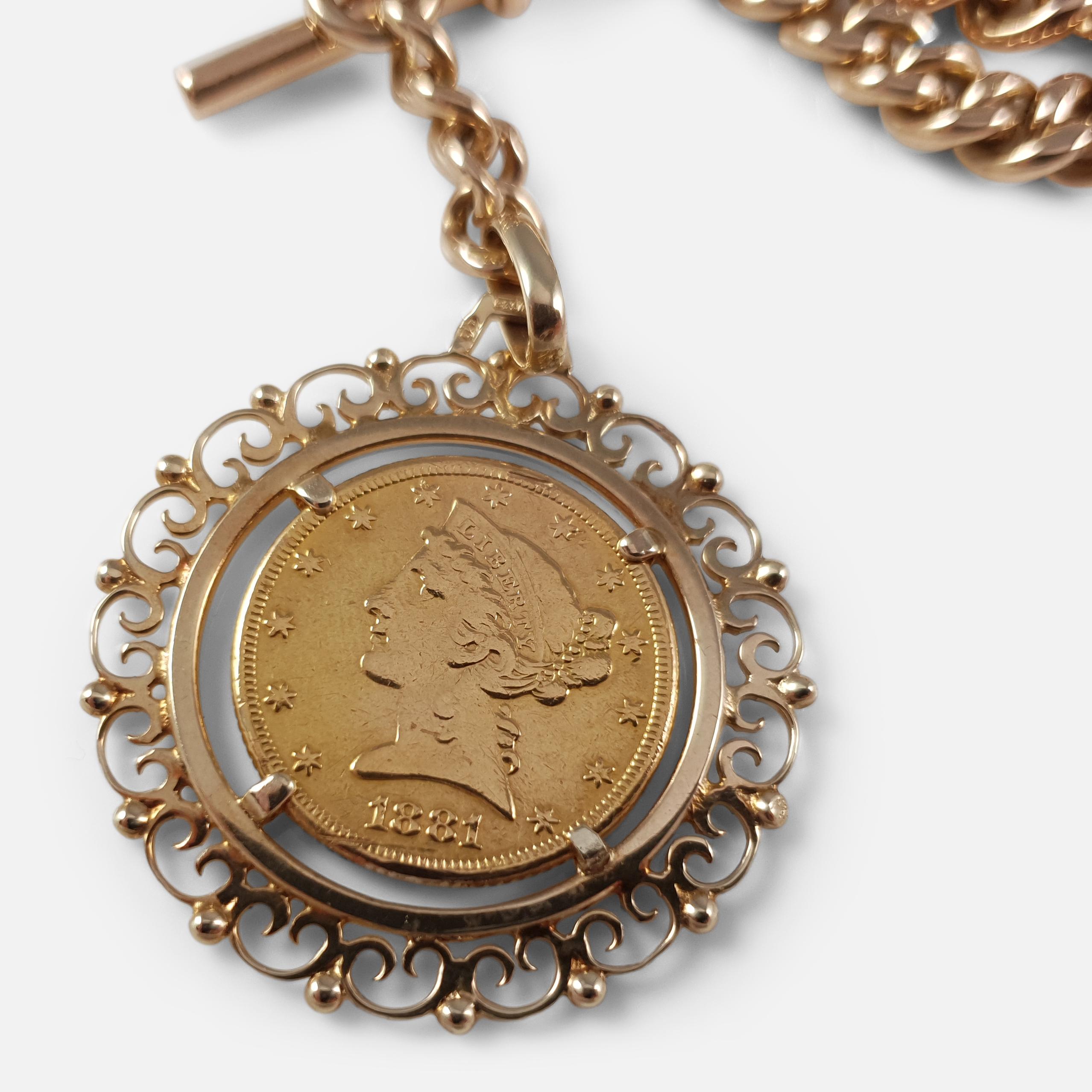 9 Karat Yellow Gold Double Albert Watch Chain and 1881 $5 Gold Coin, 70.6 Grams 2