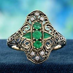 9K Yellow Gold Emerald and Diamond Vintage Style Filigree Ring