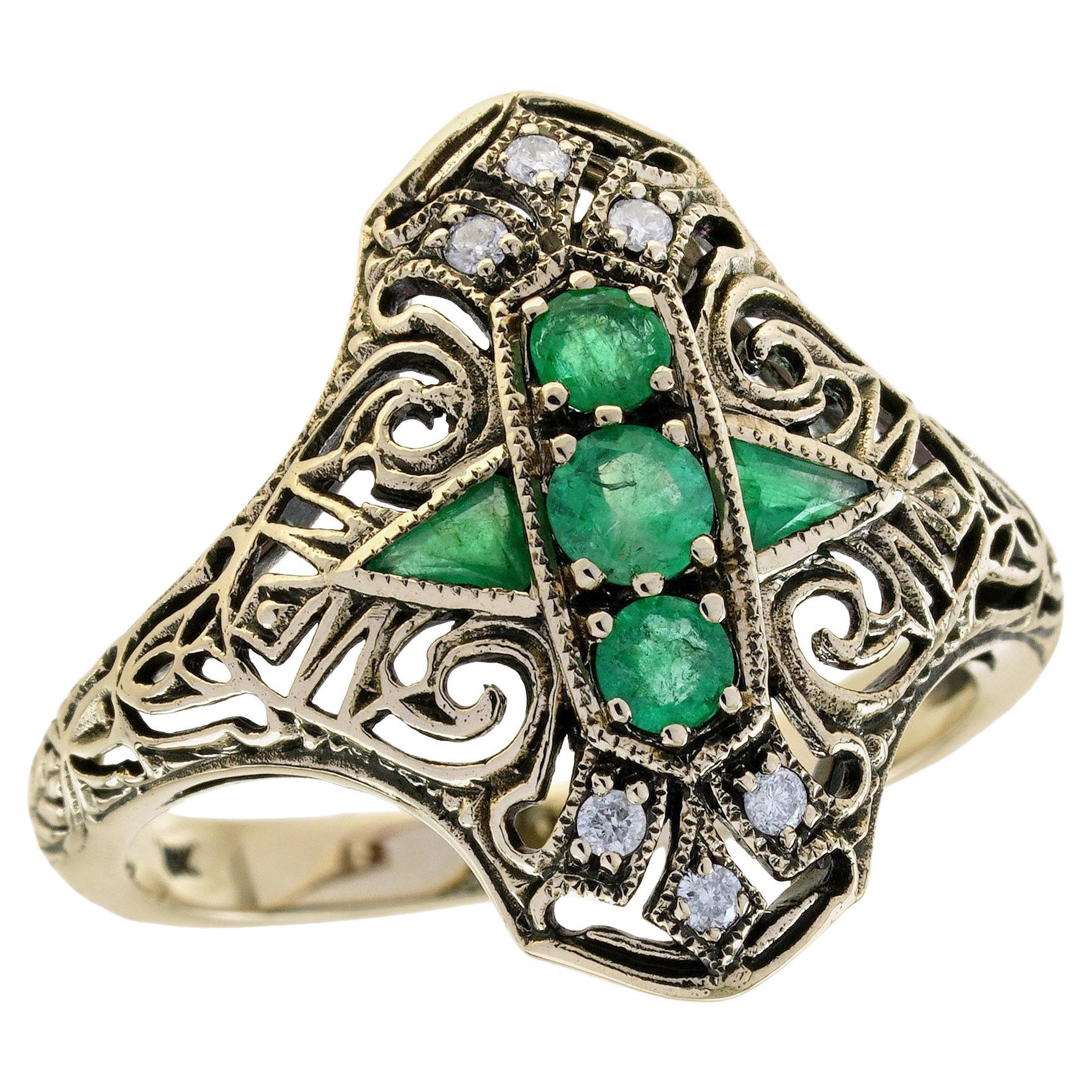 Anello in oro giallo 9K con smeraldo e diamante in stile filigrana vintage