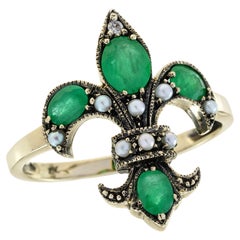 9K Yellow Gold Emerald and Pearl Vintage Style Fleur De Lis Ring
