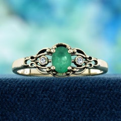 9K Yellow Gold Emerald and White Sapphire Vintage Style Ring