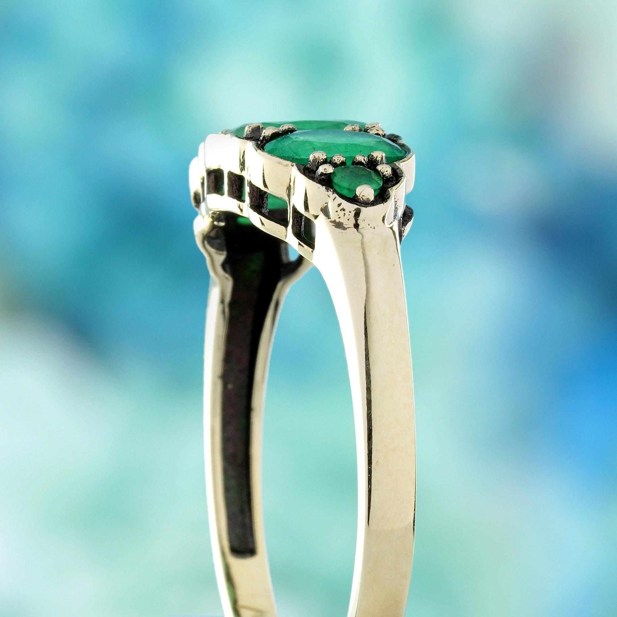 Women's 9K Yellow Gold Emerald Vintage Style Three Stone Ring For Sale
