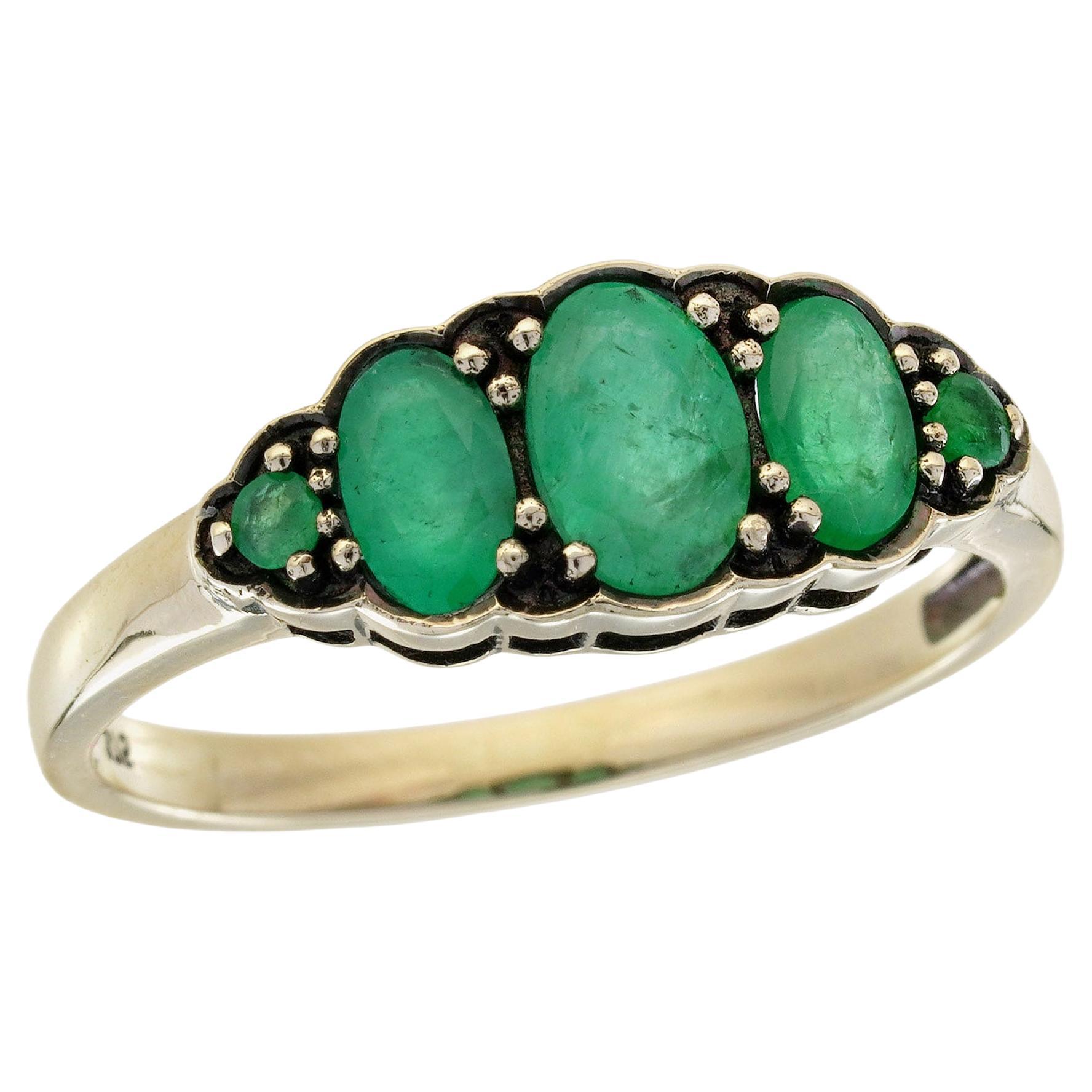 Bague à trois pierres en or jaune 9K avec émeraude, style vintage
