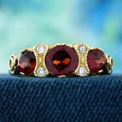 9K Yellow Gold Garnet and Diamond Vintage Style Three Stone Ring