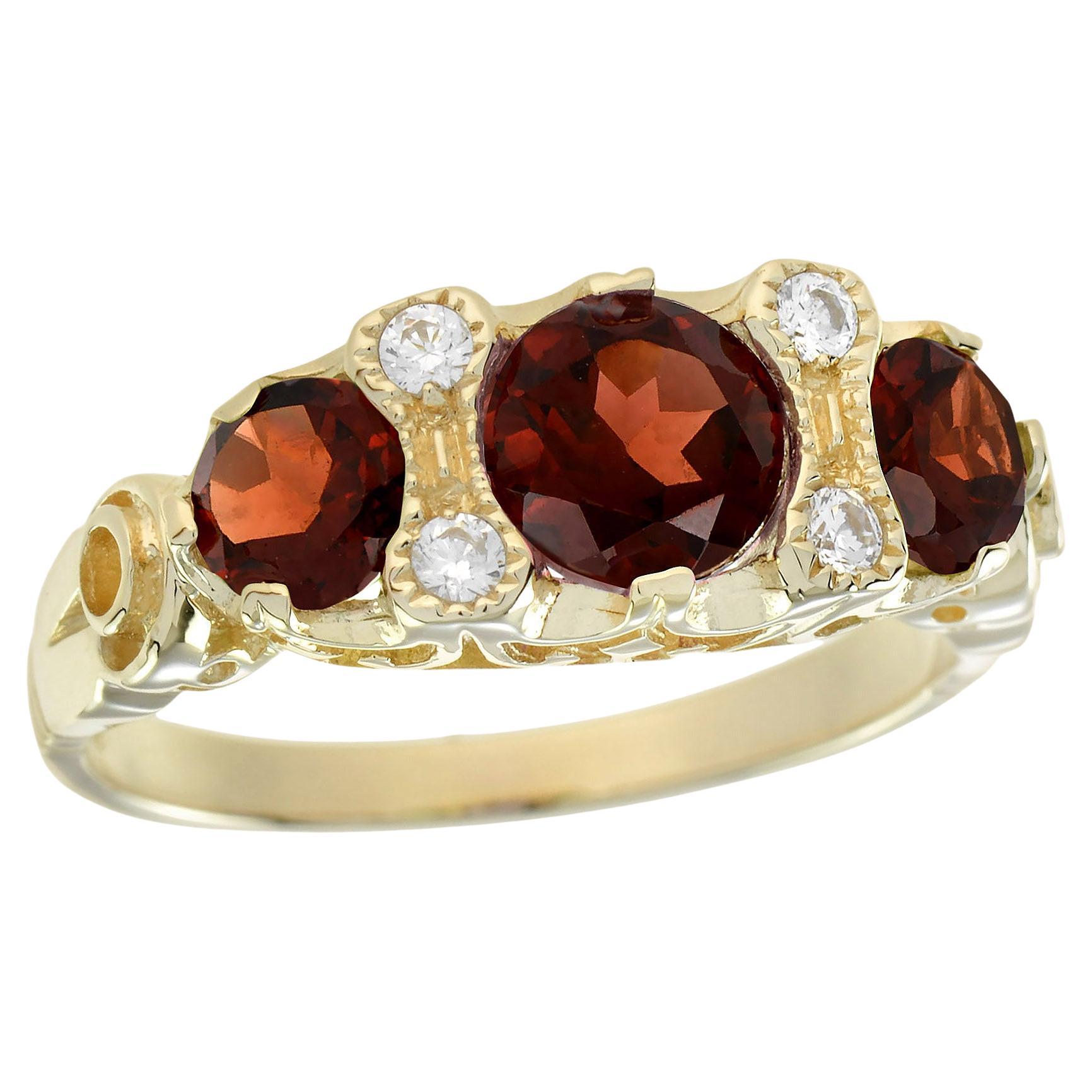 Bague à trois pierres en or jaune 9K, grenat et diamants, style vintage