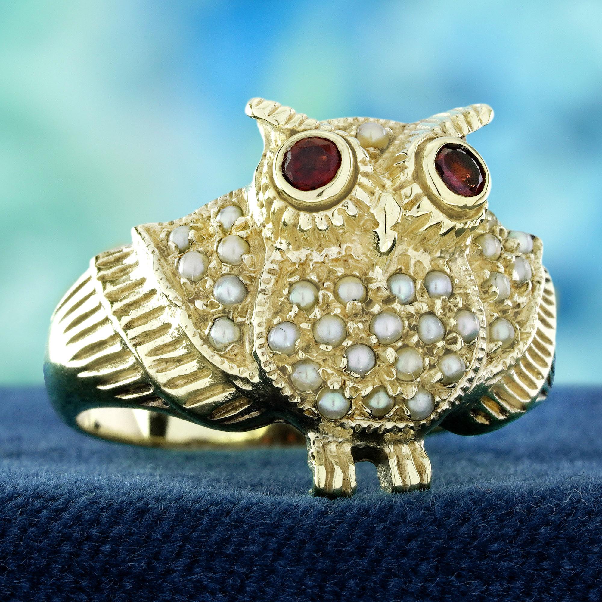 9K Gelbgold Granat und Perlen Cluster Vintage Style Eule Ring (Edwardian) im Angebot