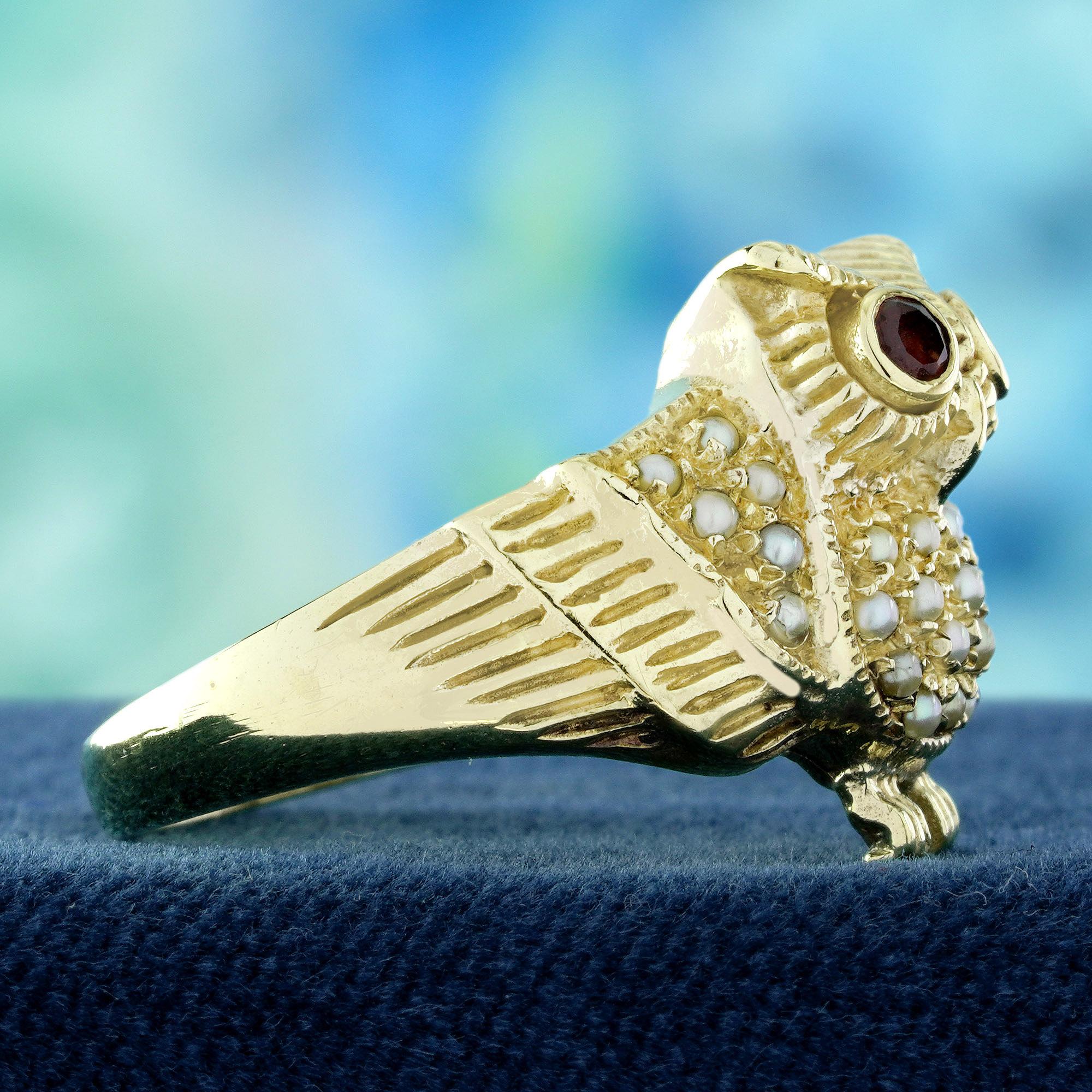 9K Gelbgold Granat und Perlen Cluster Vintage Style Eule Ring (Rundschliff) im Angebot