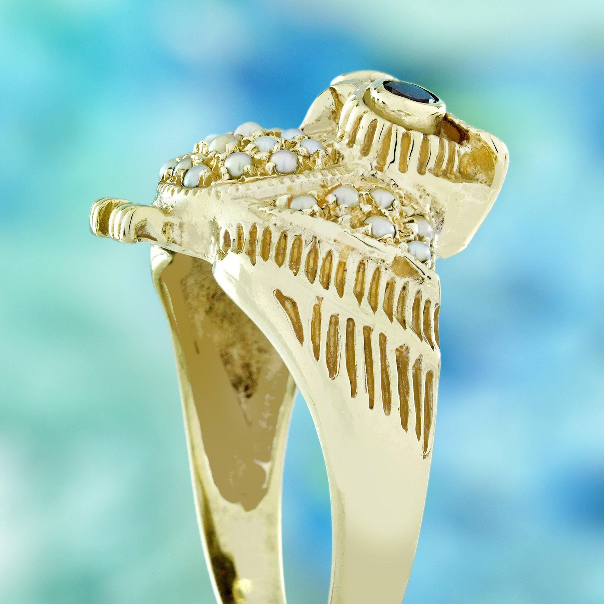 9K Gelbgold Granat und Perlen Cluster Vintage Style Eule Ring Damen im Angebot